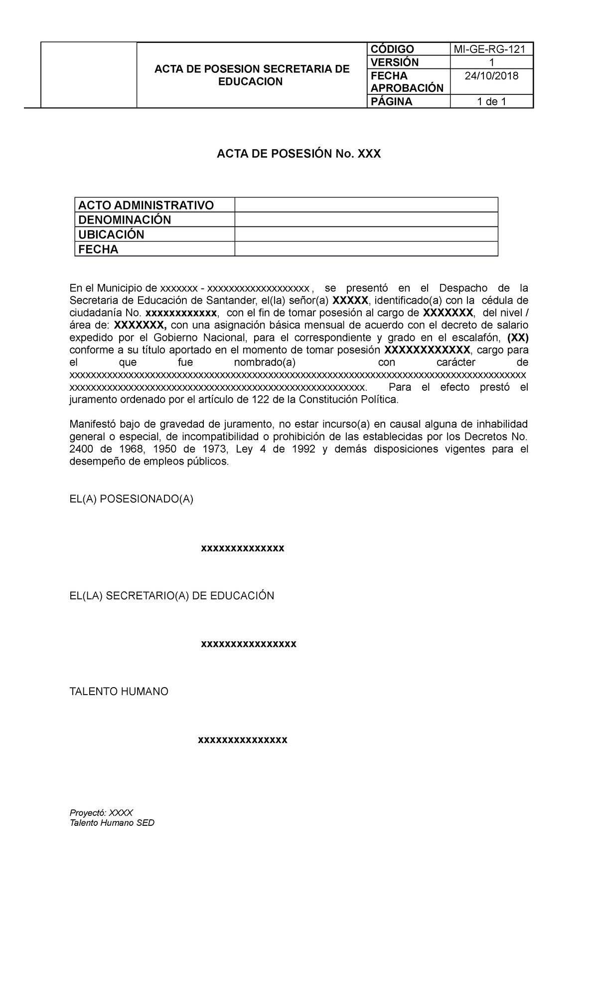 Mi Ge Rg 121 Acta De Posesion Secretaria De Educacion V10 Acta De