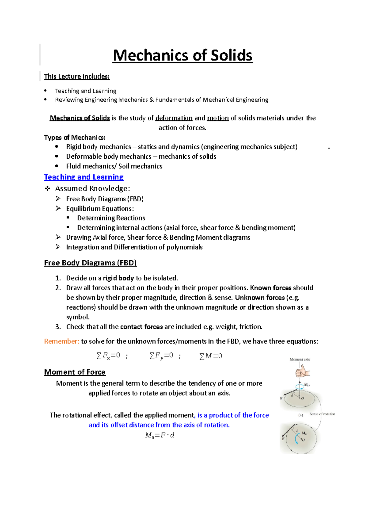Lecture Notes week1 - Mechanics of Solids This Lecture includes ...