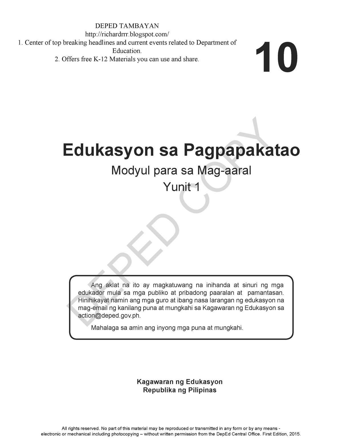 Es P10 LM U1 - Edukasyon Sa Pagpapakatao - DEPED COPY 1 Edukasyon Sa ...