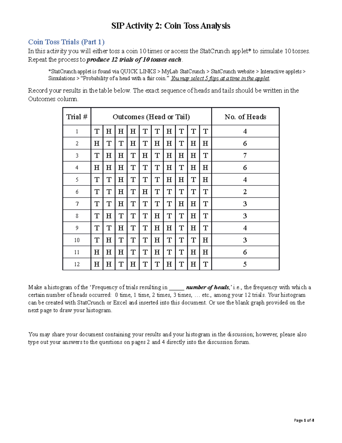 1308 Sip Activity 2-analysis Of Coin Toss- Completed - Sip Activity 2 