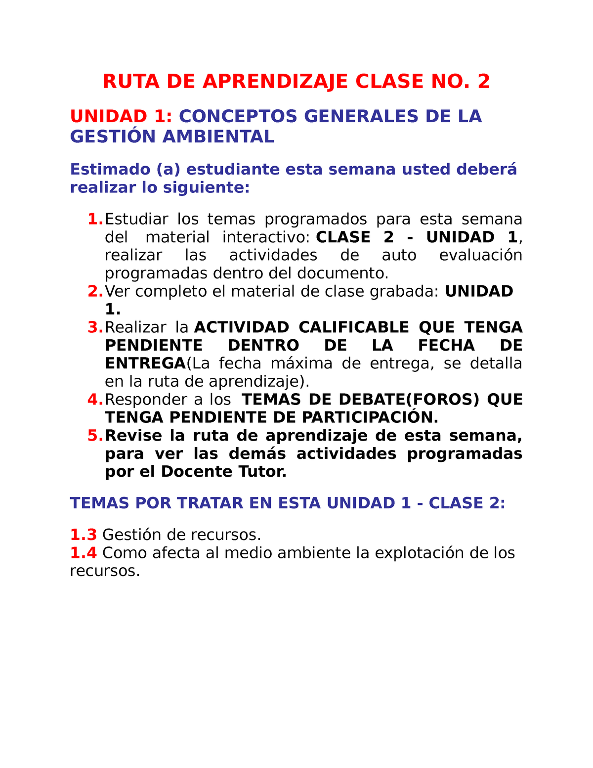 RUTA DE Aprendizaje Clase 2 - RUTA DE APRENDIZAJE CLASE NO. 2 UNIDAD 1 ...