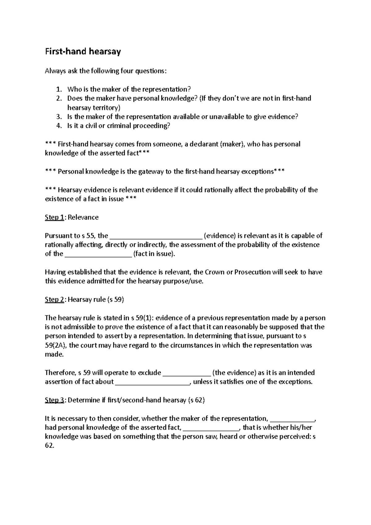 First-hand-hearsay - HD NOTES EVIDENCE UTS 2021 INCLUDES ANSWERS ...