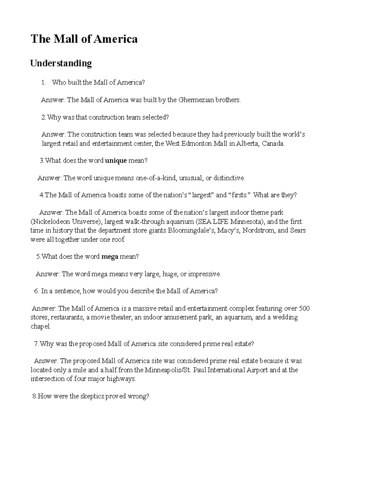 Reading 11 - english - The Mall of America Understanding Who built the ...