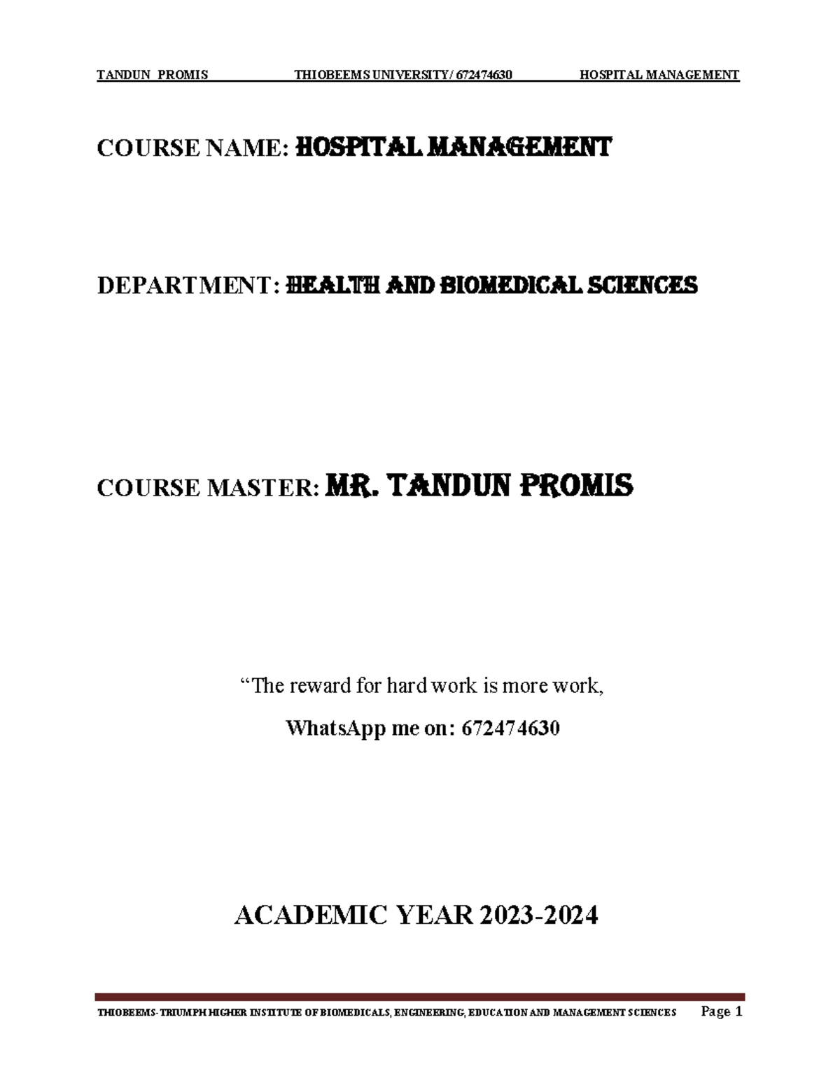 Hospital Management - Very important for students - COURSE NAME ...