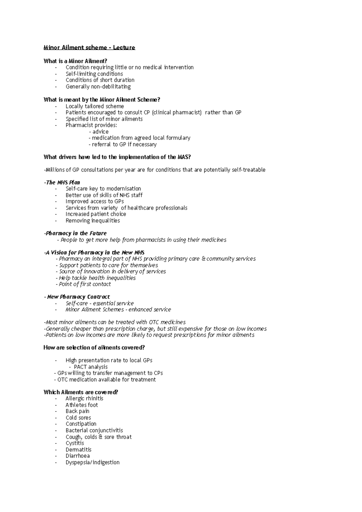 Minor Ailment Scheme - In Depth Notes - Minor Ailment Scheme - Lecture 