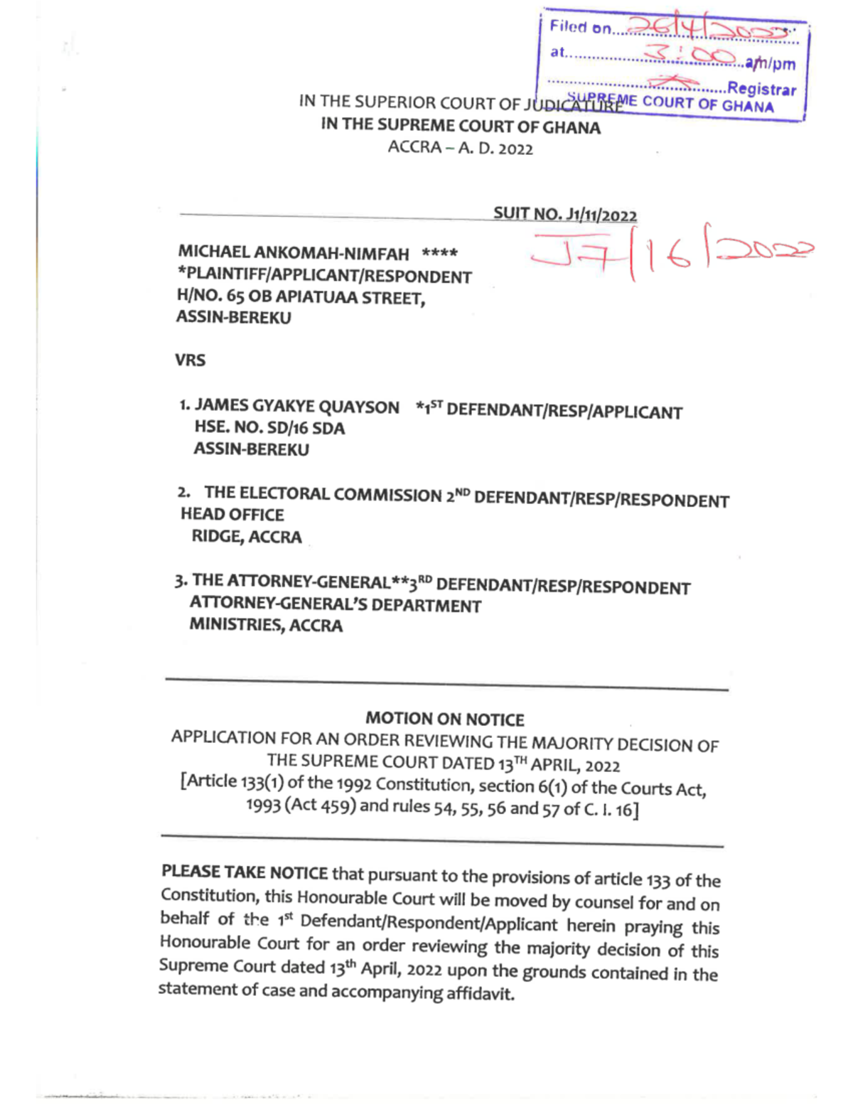 Application FOR Order Reviewing THE Majority Decision OF THE Supreme ...