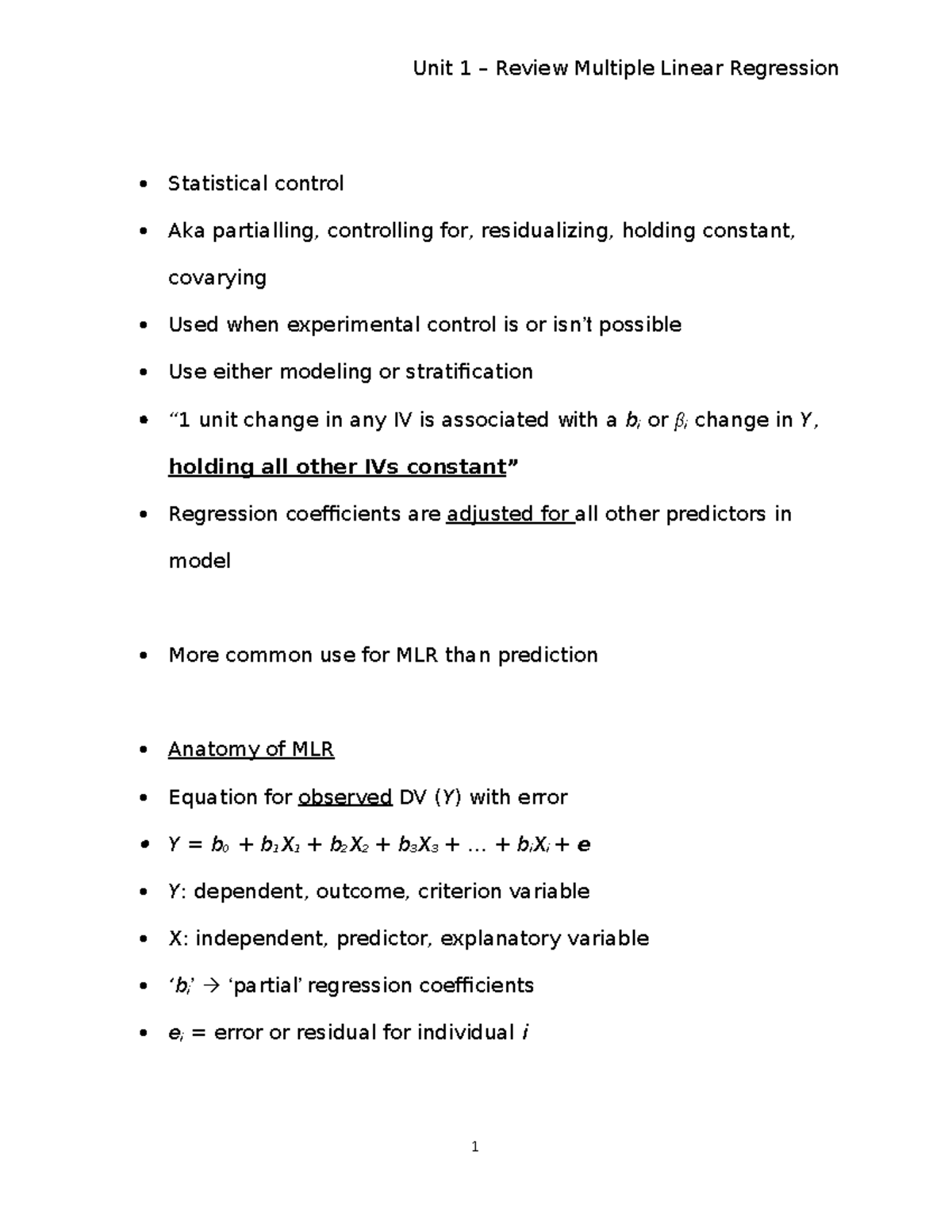 Unit 1 – Review Multiple Linear Regression II - Statistical control Aka ...