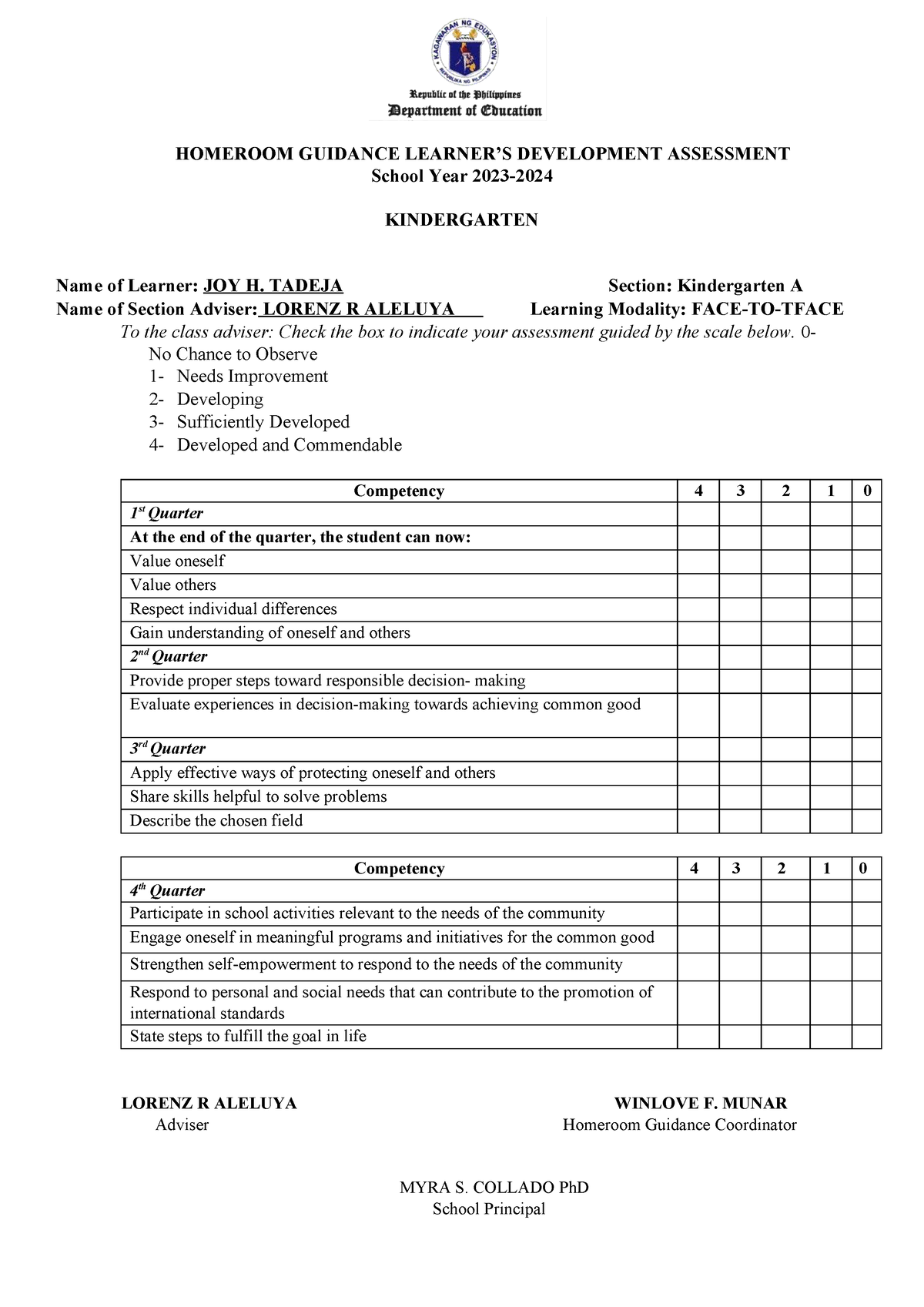Homeroom Guidance Learners Development Assessment K Indergarten Deped Tambayan Homeroom 5444