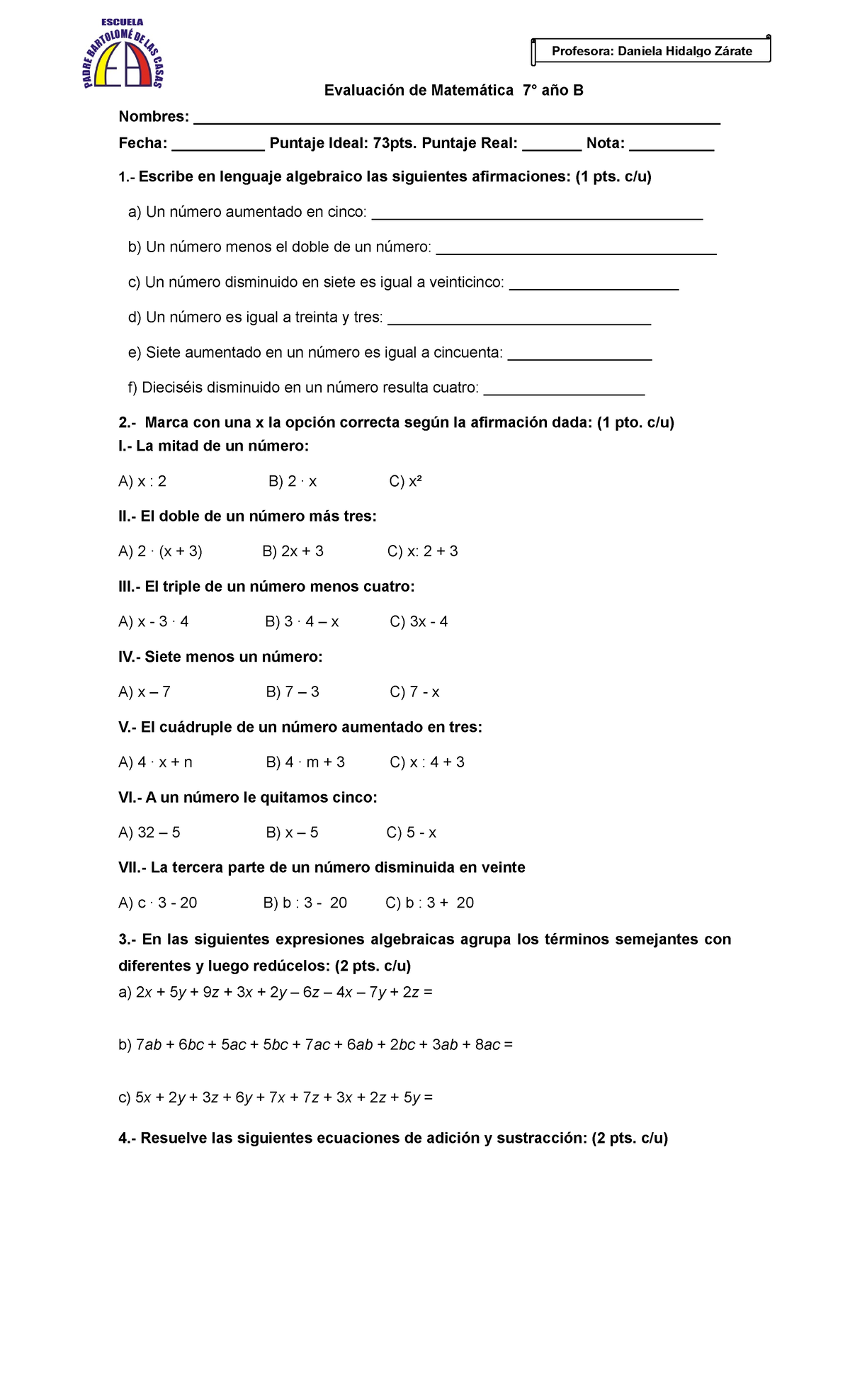 Evaluacion 7° álgebra - Evaluación De Matemática - Evaluación De ...