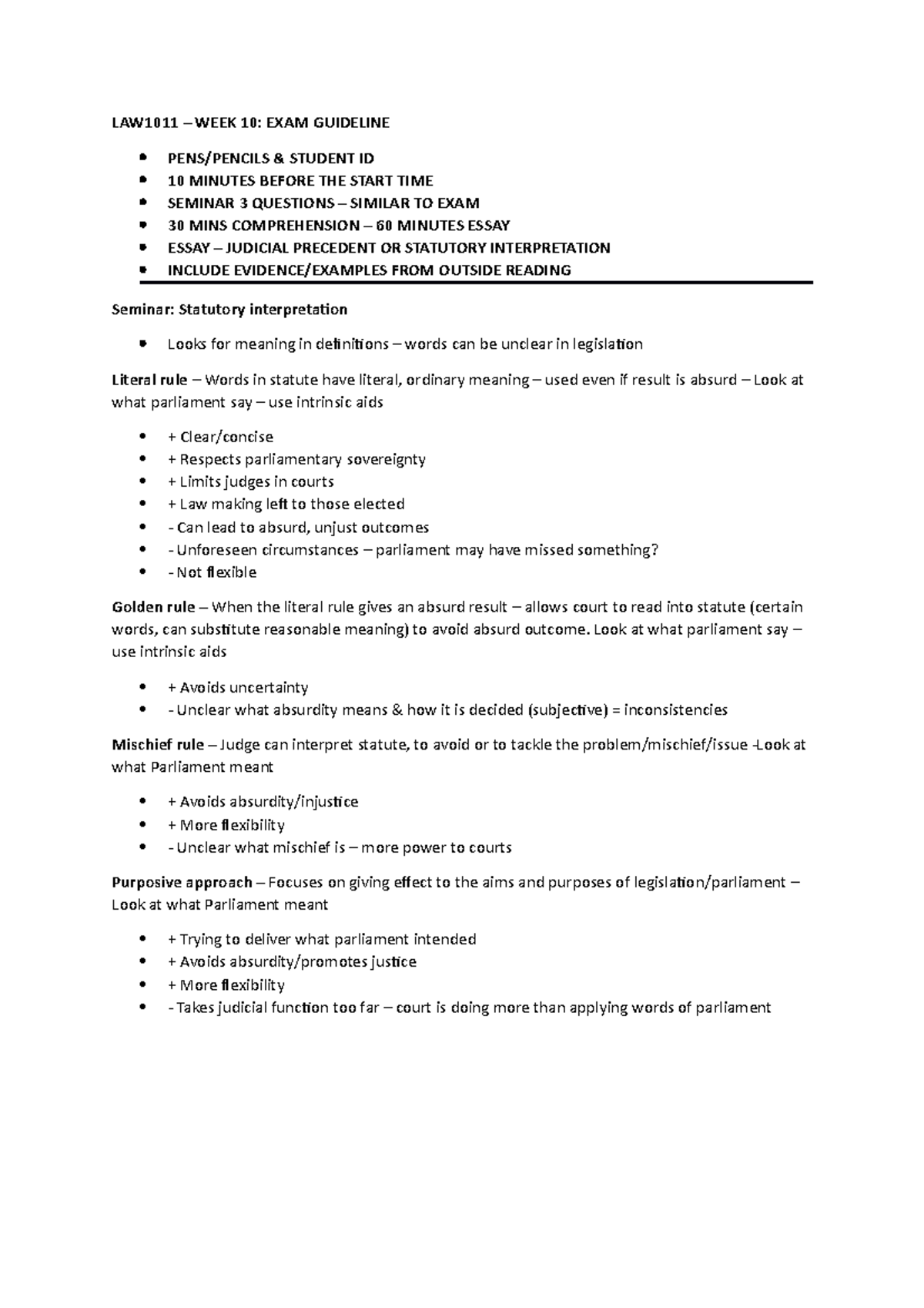 LAW1011 - WEEK 10 Notes - Statutory Interpretation PT.2 - LAW1011 ...