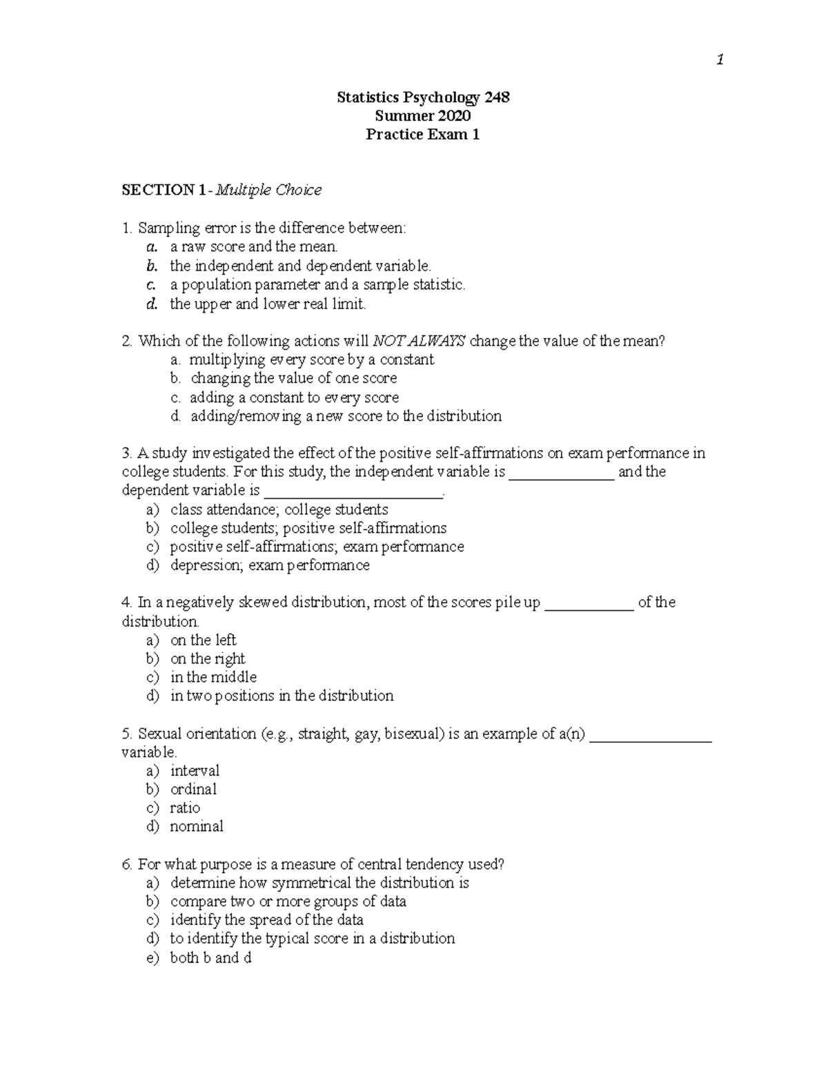 Sample Exam 1 Stats 248 Sum20 - Statistics Psychology 248 Summer 2020 ...