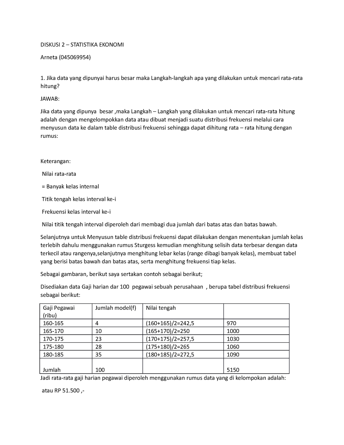 Diskusi 2 - Statistika Ekonomi = Arneta (045069954) - DISKUSI 2 ...