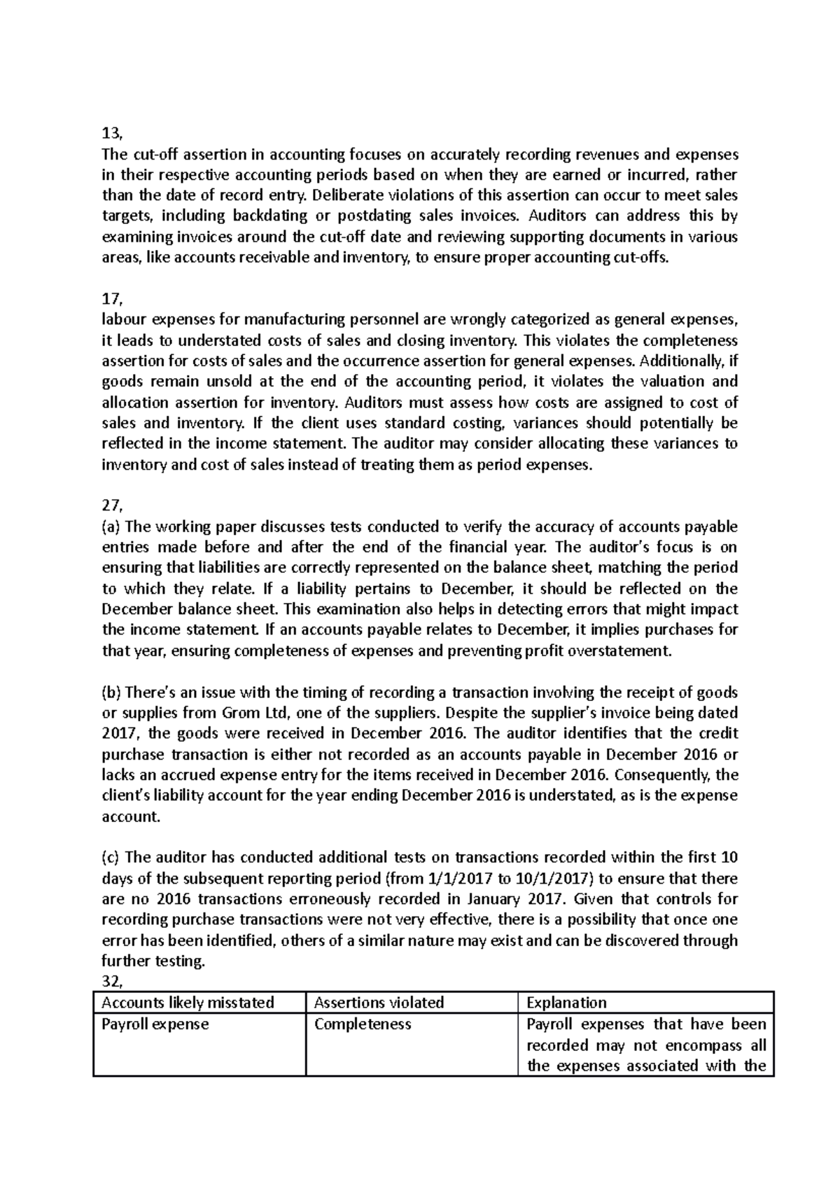 AAS week 12 homework 13, The cutoff assertion in accounting