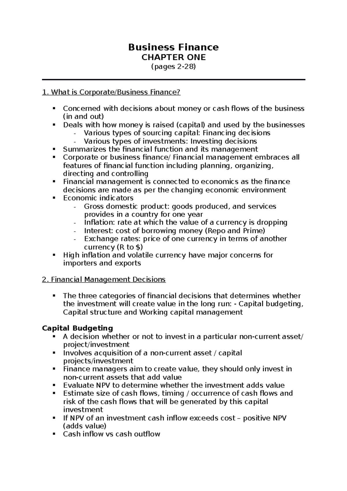Business Finance - Chapter One - Business Finance CHAPTER ONE (pages 2 ...