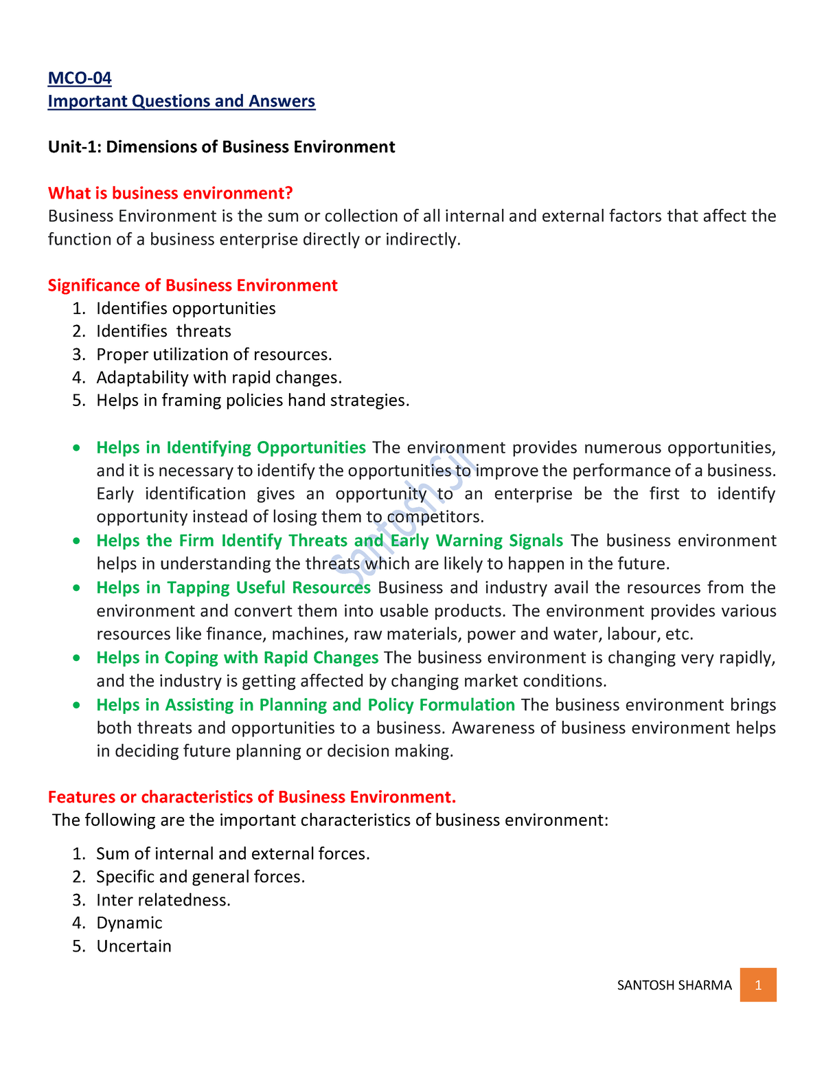 MCO 04 - MCO- Important Questions And Answers Unit-1: Dimensions Of ...