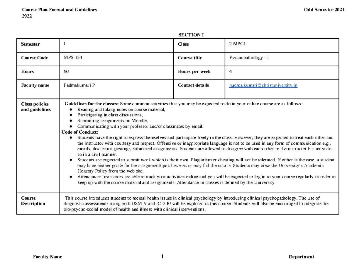 Psychotherapy I Course Plan 2023.docx - SECTION I Semester III Class ...