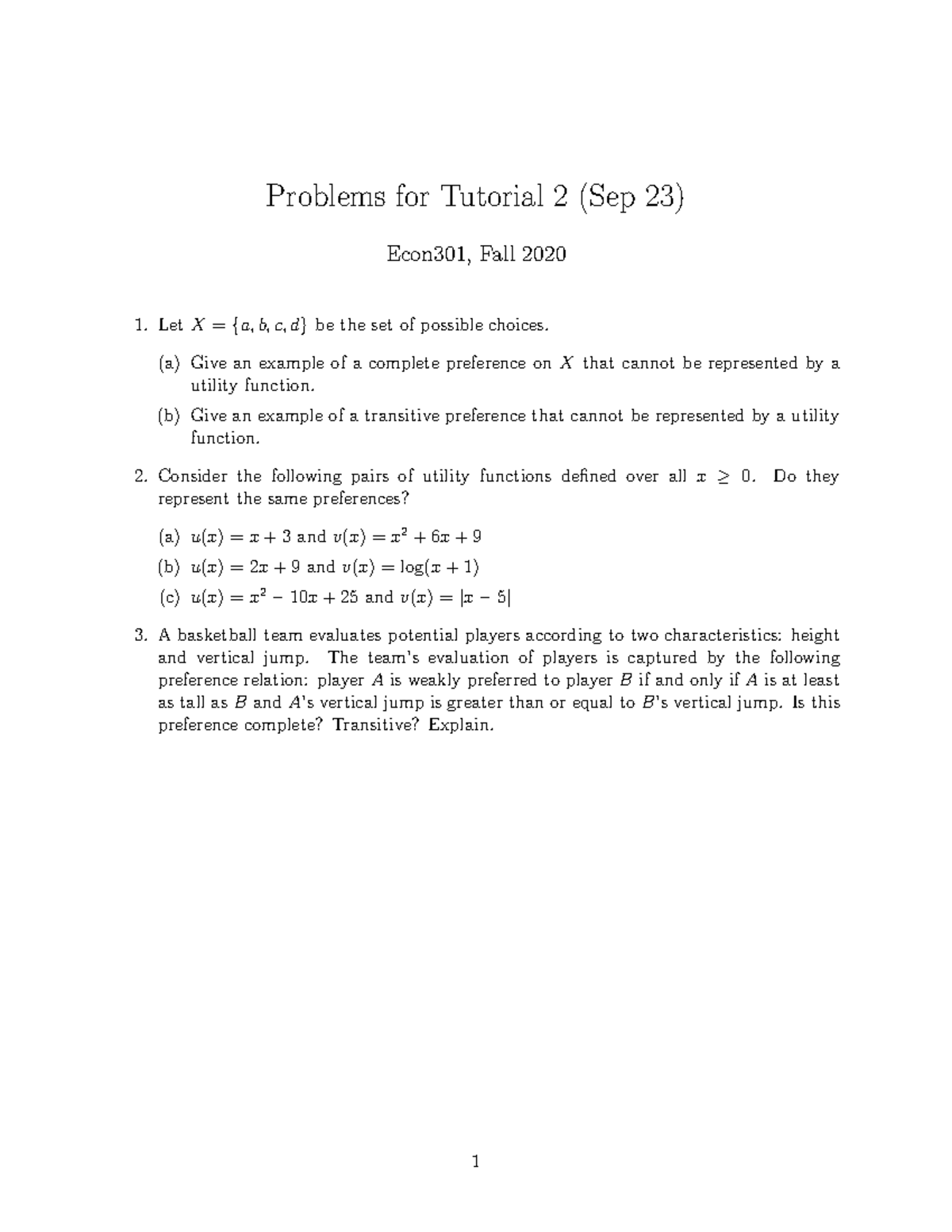 Tutorial 02 - Problems For Tutorial 2 (Sep 23) Econ301, Fall 2020 1 ...