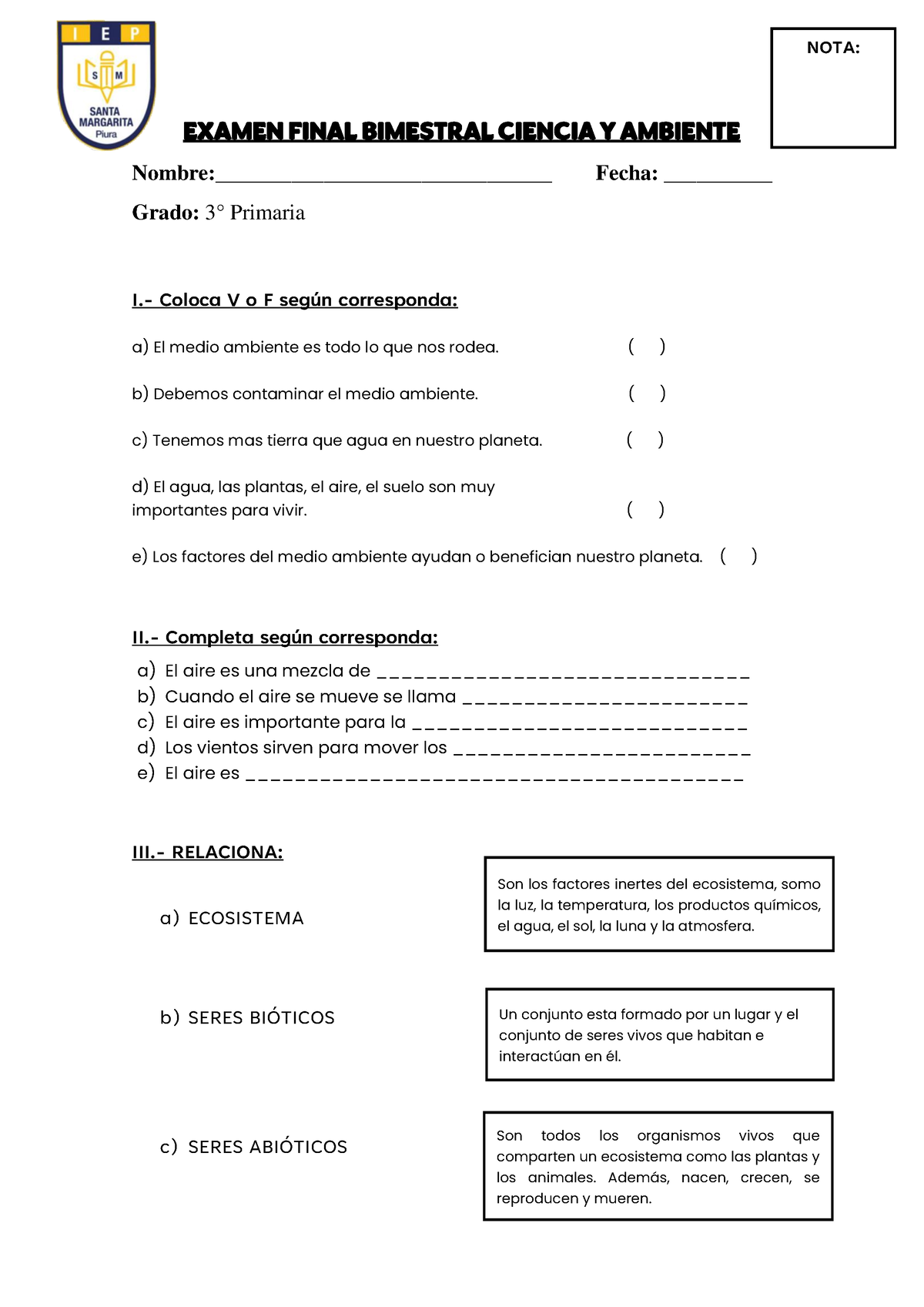 Examen Final Bimestral Ciencia Y Ambiente - EXAMEN FINAL BIMESTRAL ...