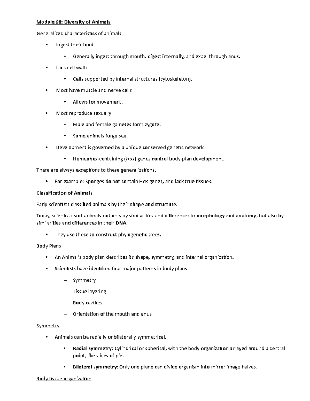 Bio 1407 Modules 98, 99, and 100 - Module 98: Diversity of Animals ...