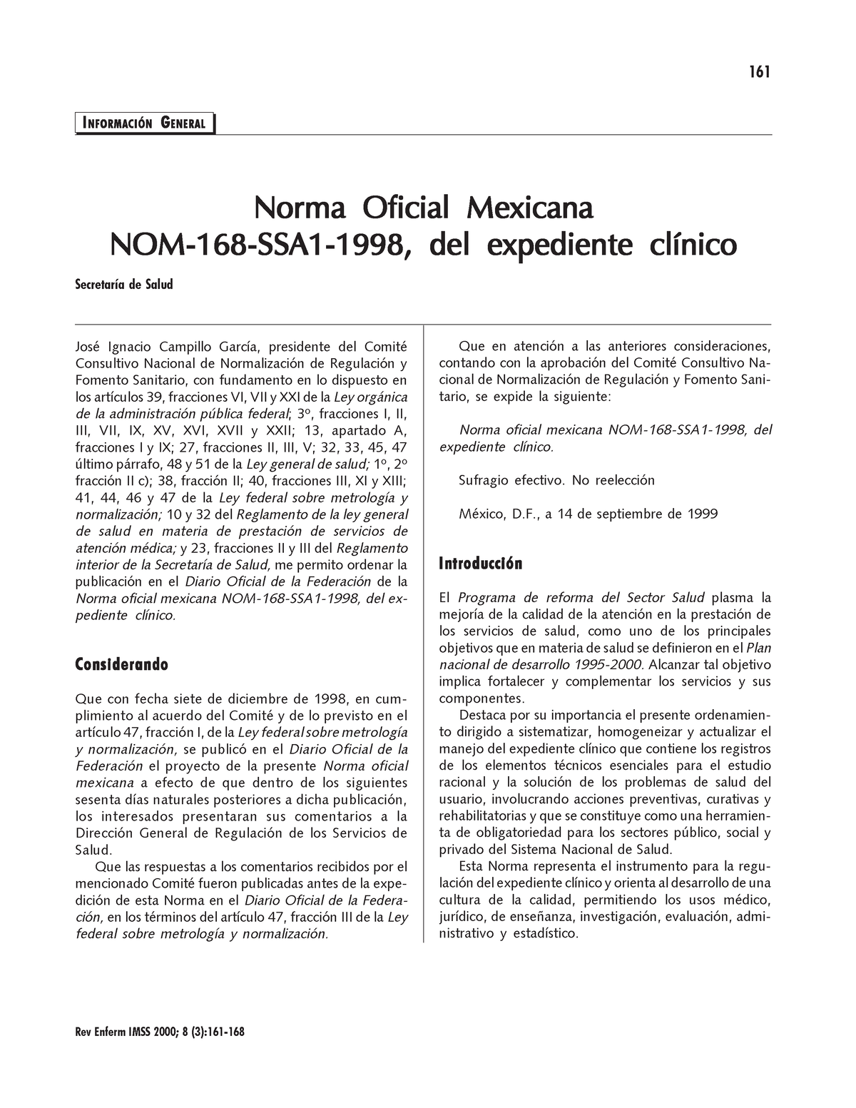 6norma Oficial Mexicana Nom 168 Ssa1 1998 Del Expedie