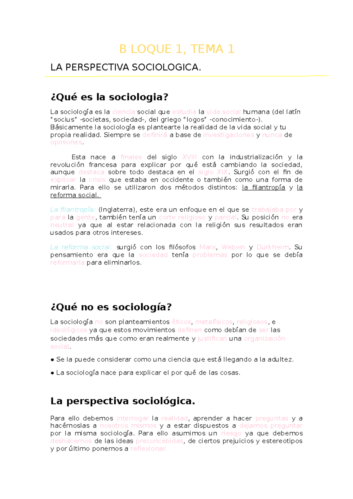 Sociologia - B LOQUE 1, TEMA 1 LA PERSPECTIVA SOCIOLOGICA. ¿Qué Es La ...