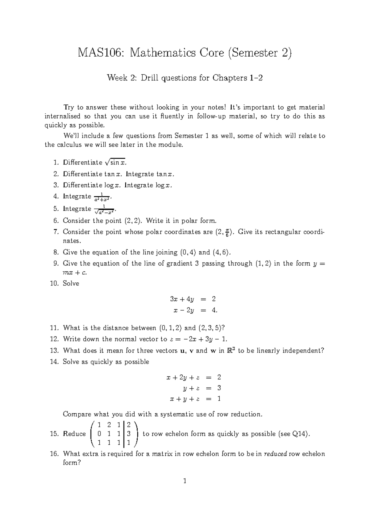 MAS106 S2 weekly week2prob - MAS106: Mathematics Core (Semester 2) Week ...