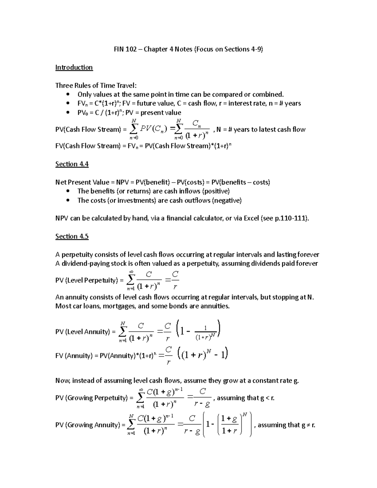 Chapter 4 Notes - Corporate Finance - FIN 102 – Chapter 4 Notes (Focus ...