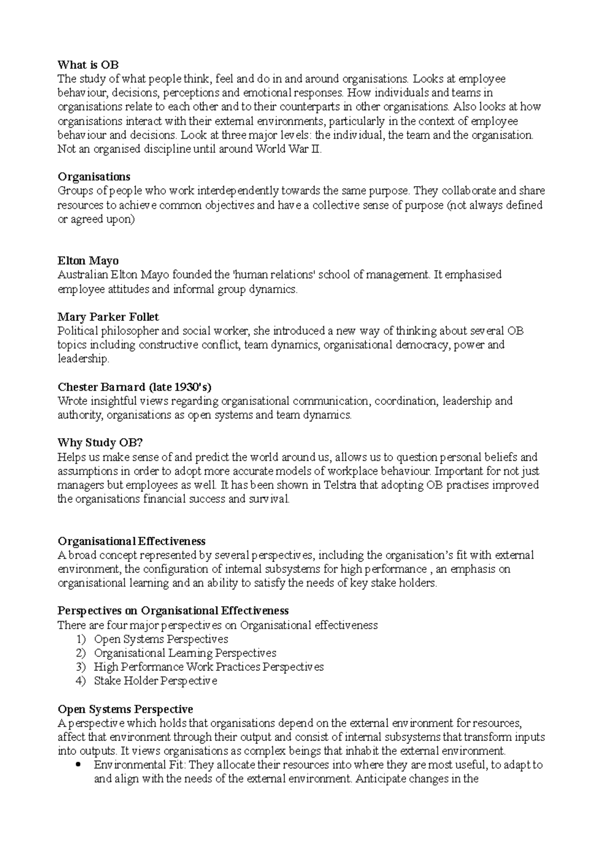 Chapter One - summary - What is OB The study of what people think, feel ...