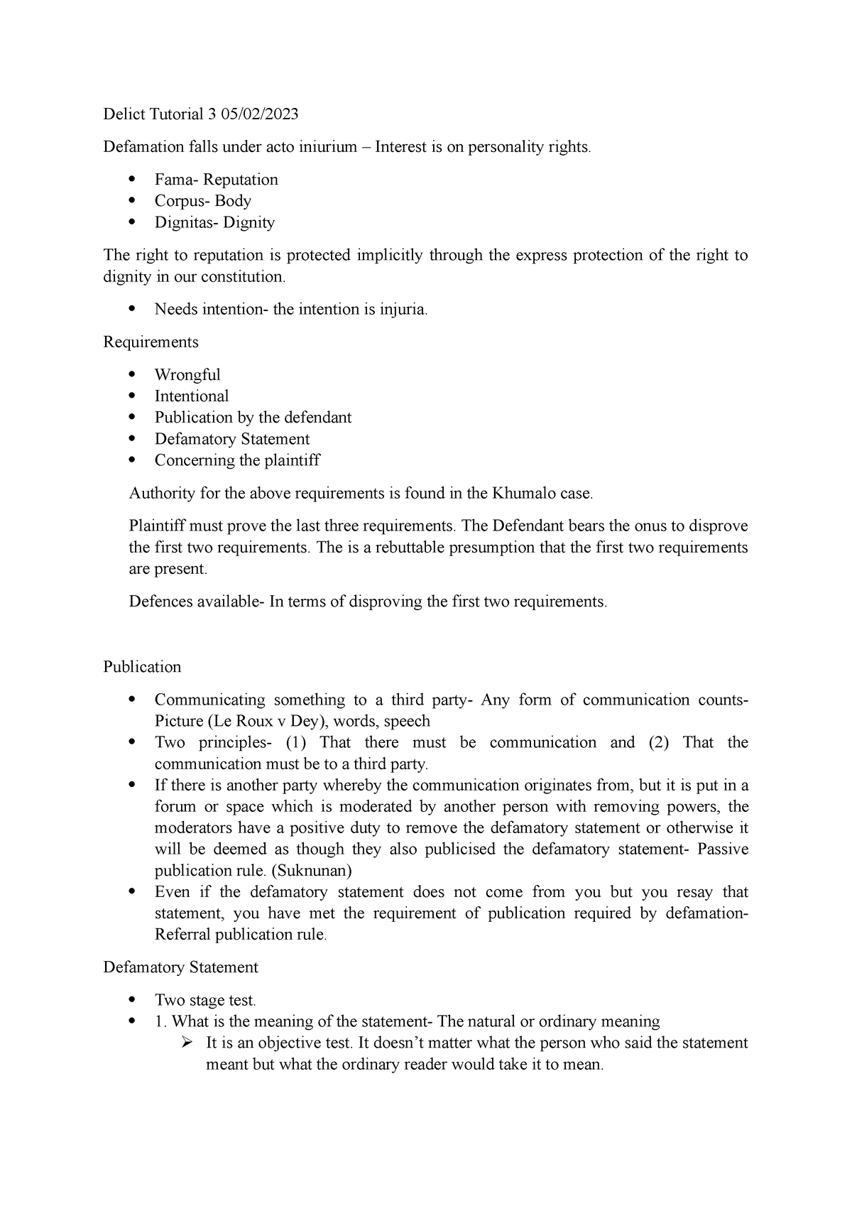 Delict Tutorial 3 Notes - Delict Tutorial 3 05/02/ Defamation Falls ...