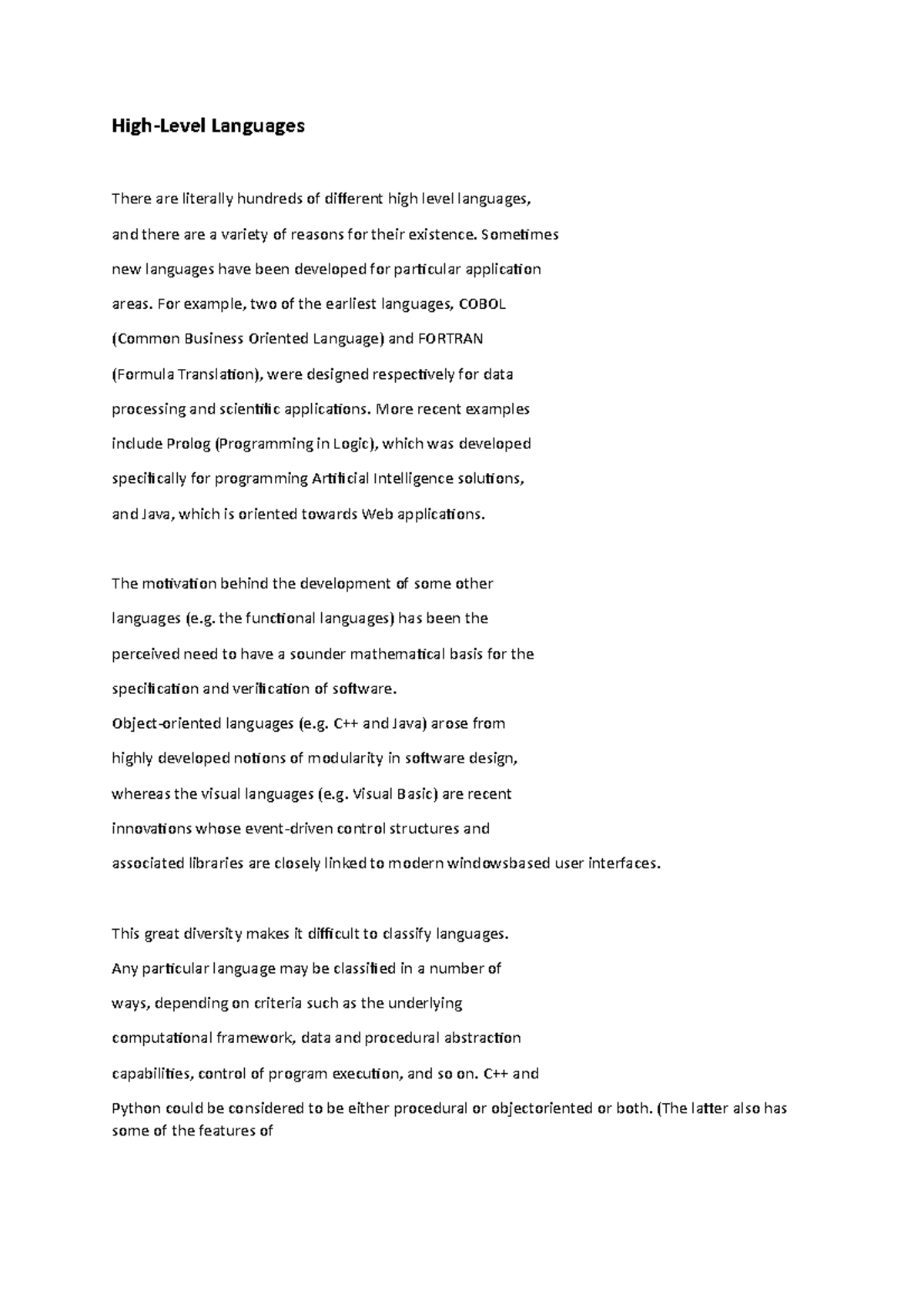 Hll - High level languages - High-Level Languages There are literally ...