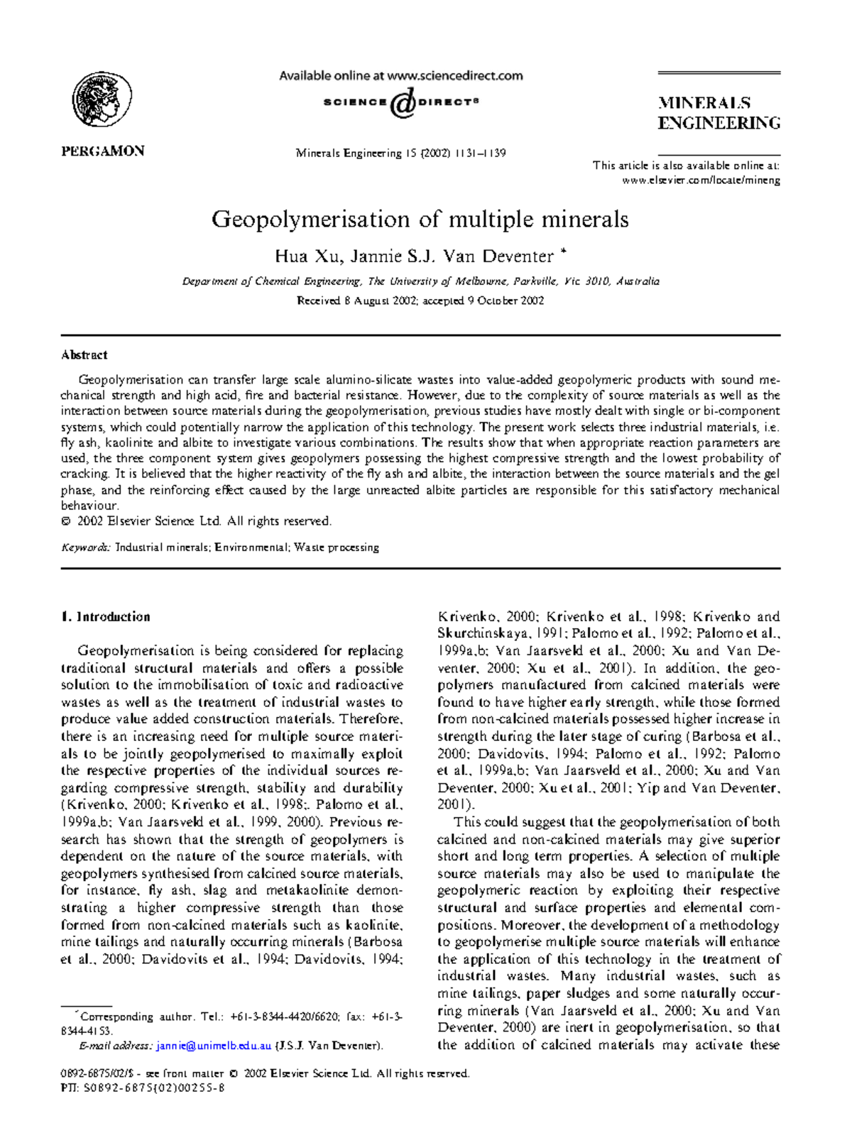 Geopolymerisation of multiple minerals - Van Deventer * Department of ...