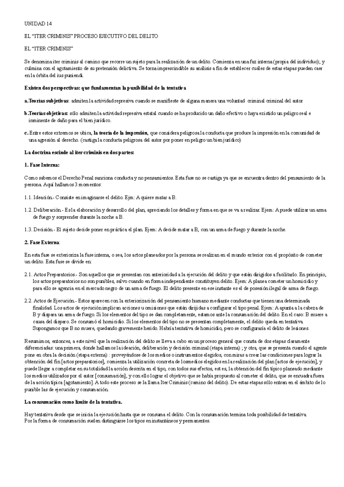 Unidad 14-15 EL “ITER CRIMINIS” PROCESO EJECUTIVO DEL DELITO - UNIDAD ...