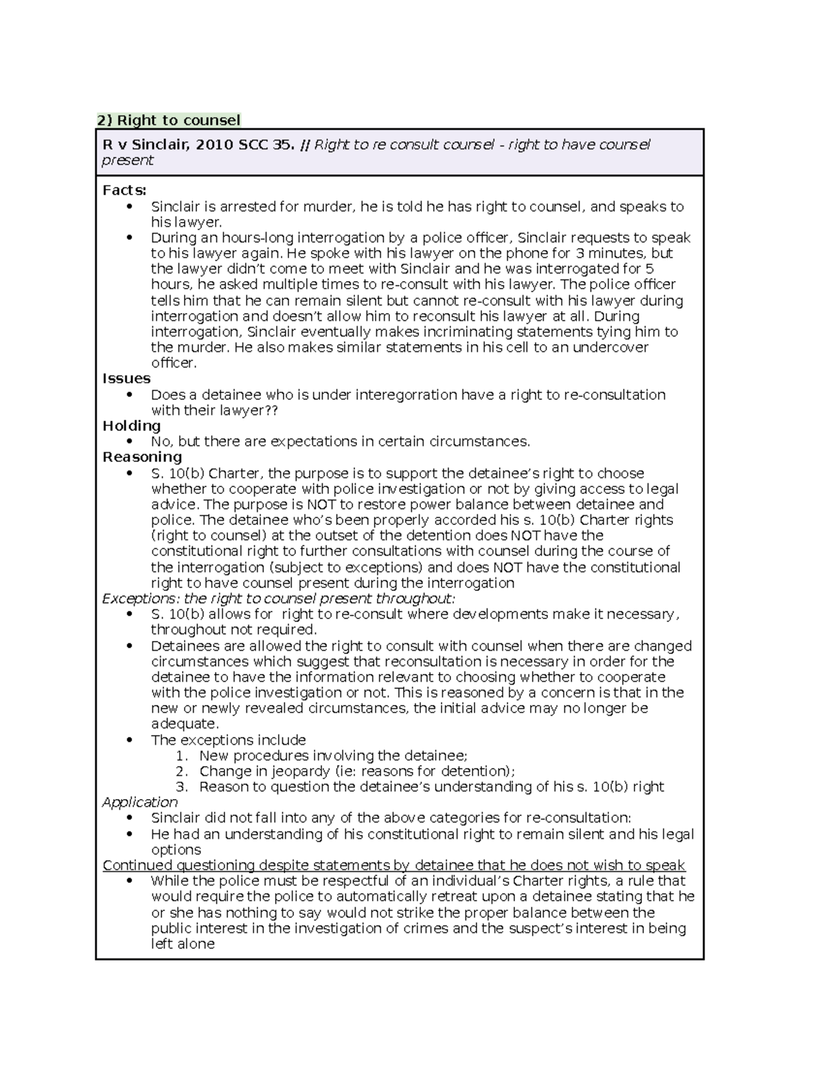 Notes 3 - Right To Counsel R V Sinclair, 2010 SCC 35. // Right To Re ...