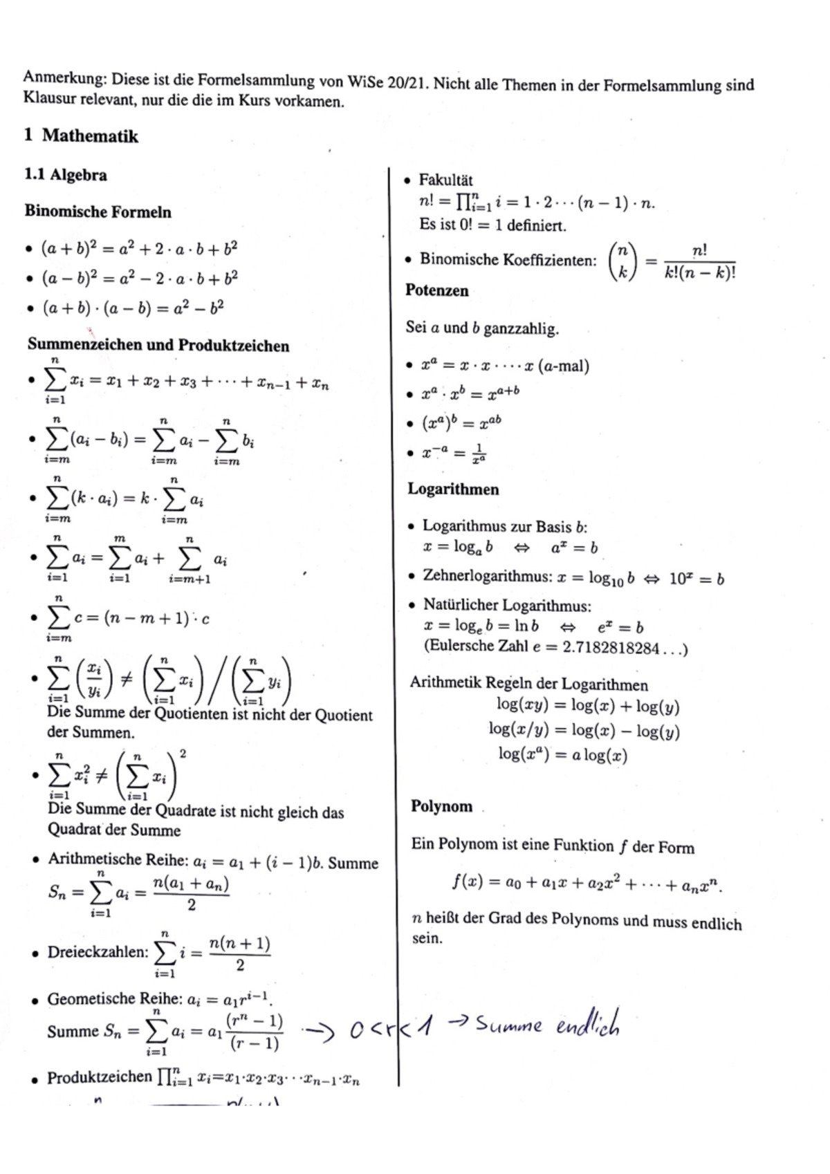 Formelsammlung-Mathematik - Mathematik - Studocu