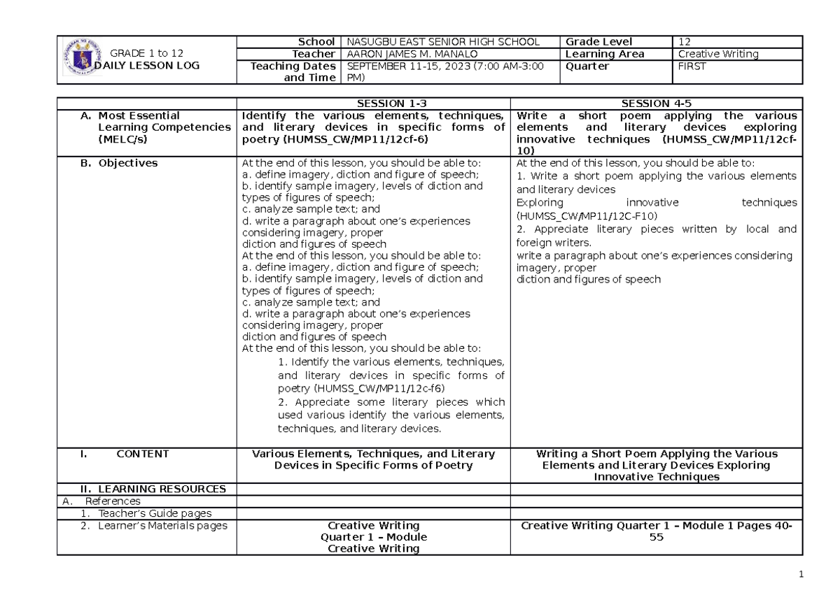 WEEK 3 4 2023 - sample - GRADE 1 to 12 DAILY LESSON LOG School NASUGBU ...