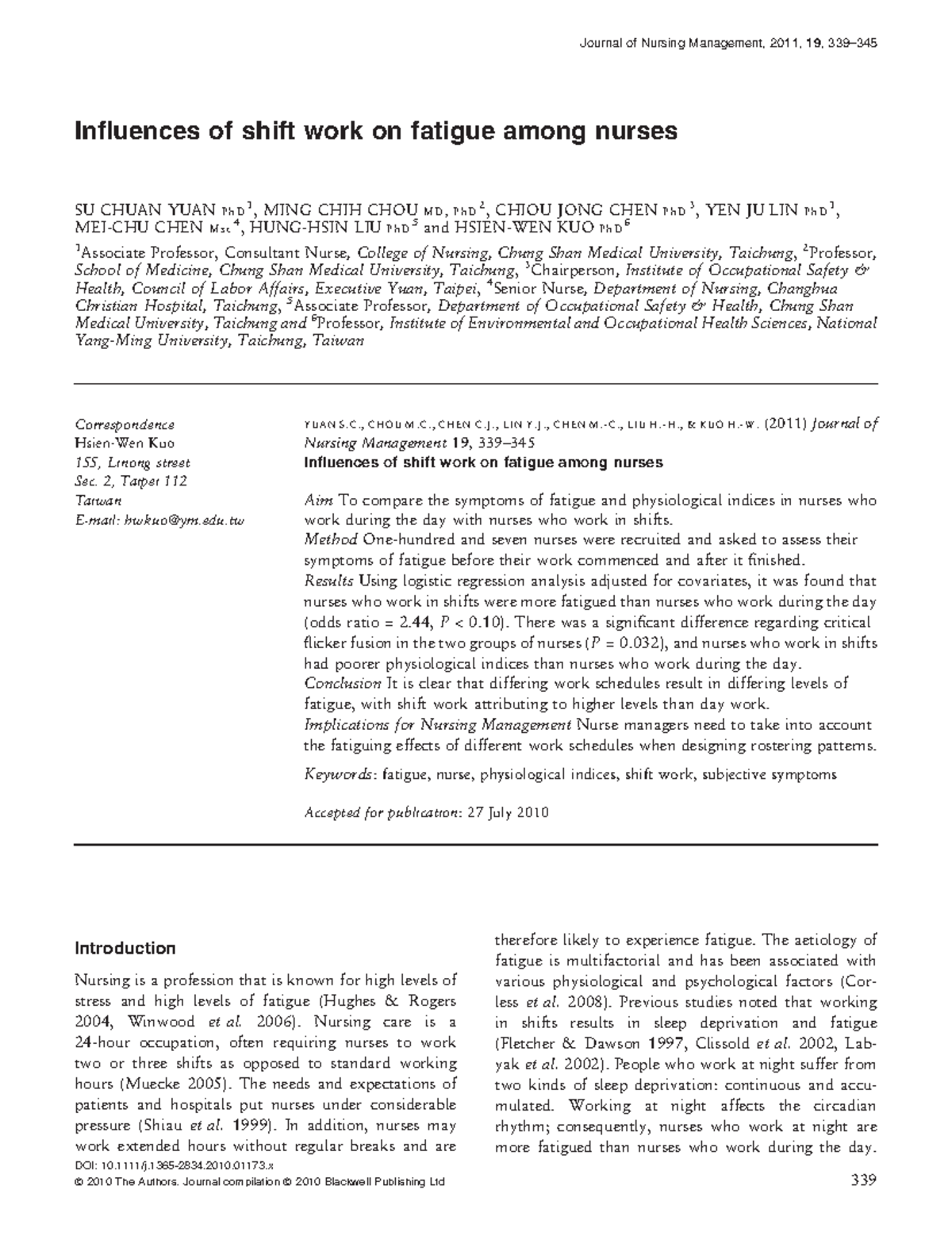 77. Influences of shift work on fatigue among nurses - 2006). Nursing ...