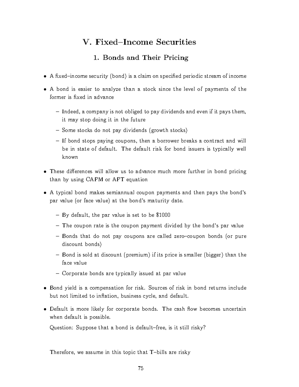Topic 5 - Lecture notes - V. Fixed–Income Securities 1. Bonds and Their ...