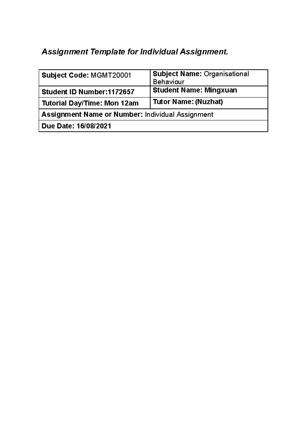 Practice 1 for 2021 worth 10% - Assignment Template for Individual ...