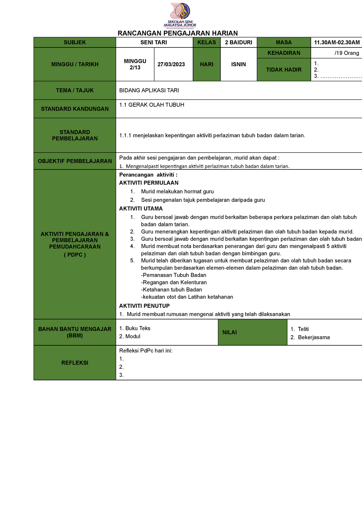 Contoh RPH 1 - Seni Tari - RANCANGAN PENGAJARAN HARIAN SUBJEK SENI TARI ...