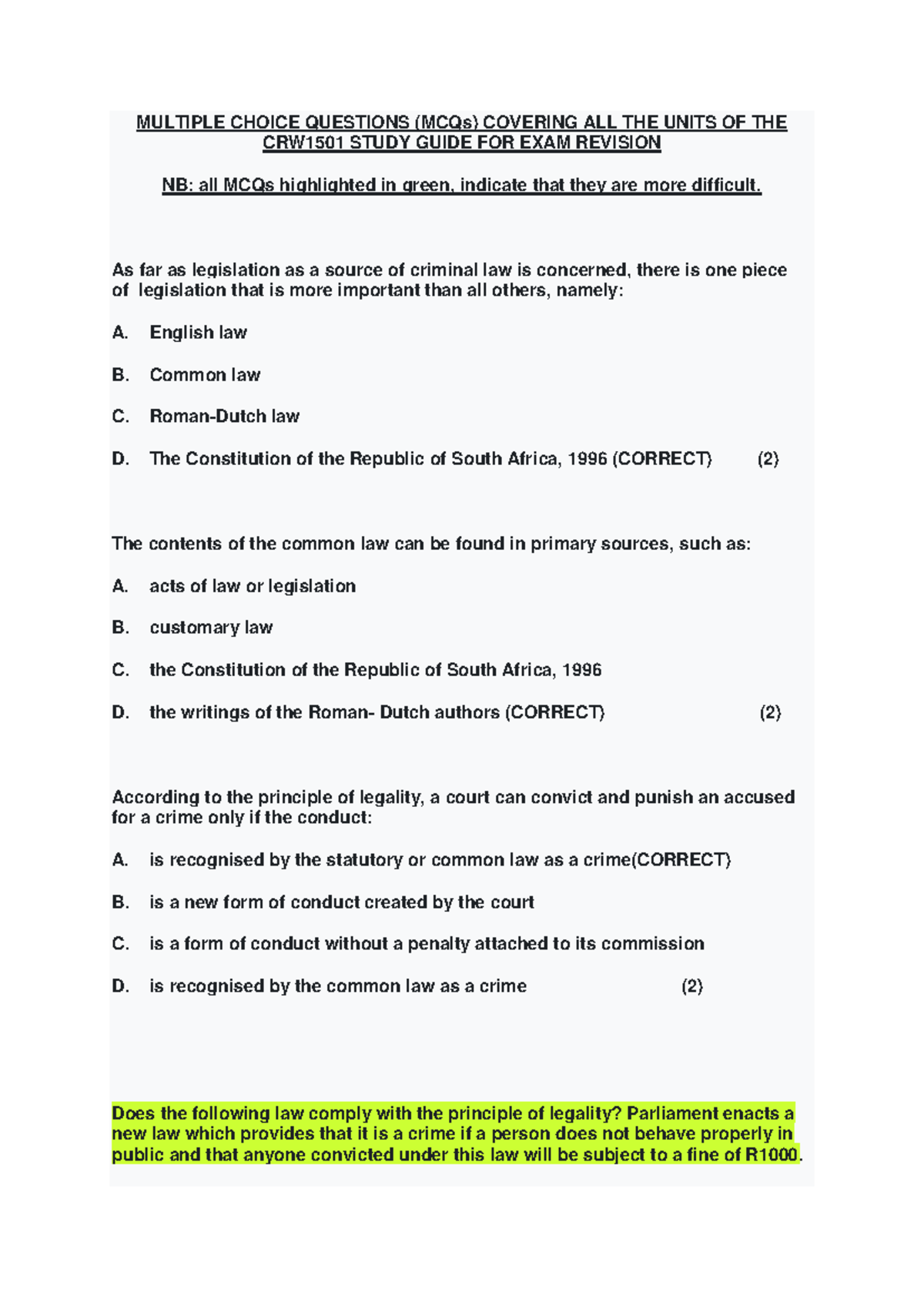 Multiple Choice Questions (MCQs) Covering ALL THE Units OF THE CRW1501 ...