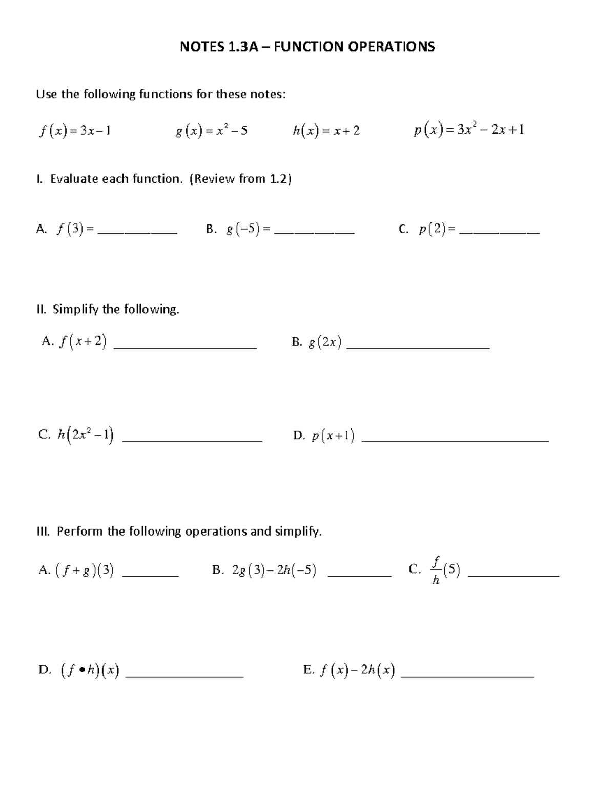 Notes and Assignment 1.3A 2024 - NOTES 1 – FUNCTION OPERATIONS Use the ...