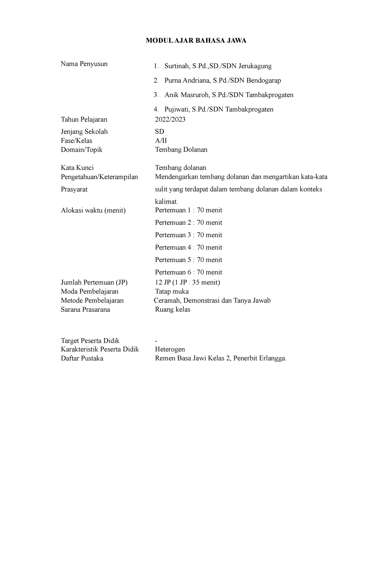 Modul AJAR Bahasa JAWA Kelas 2 SMT 2 - MODUL AJAR BAHASA JAWA Nama ...