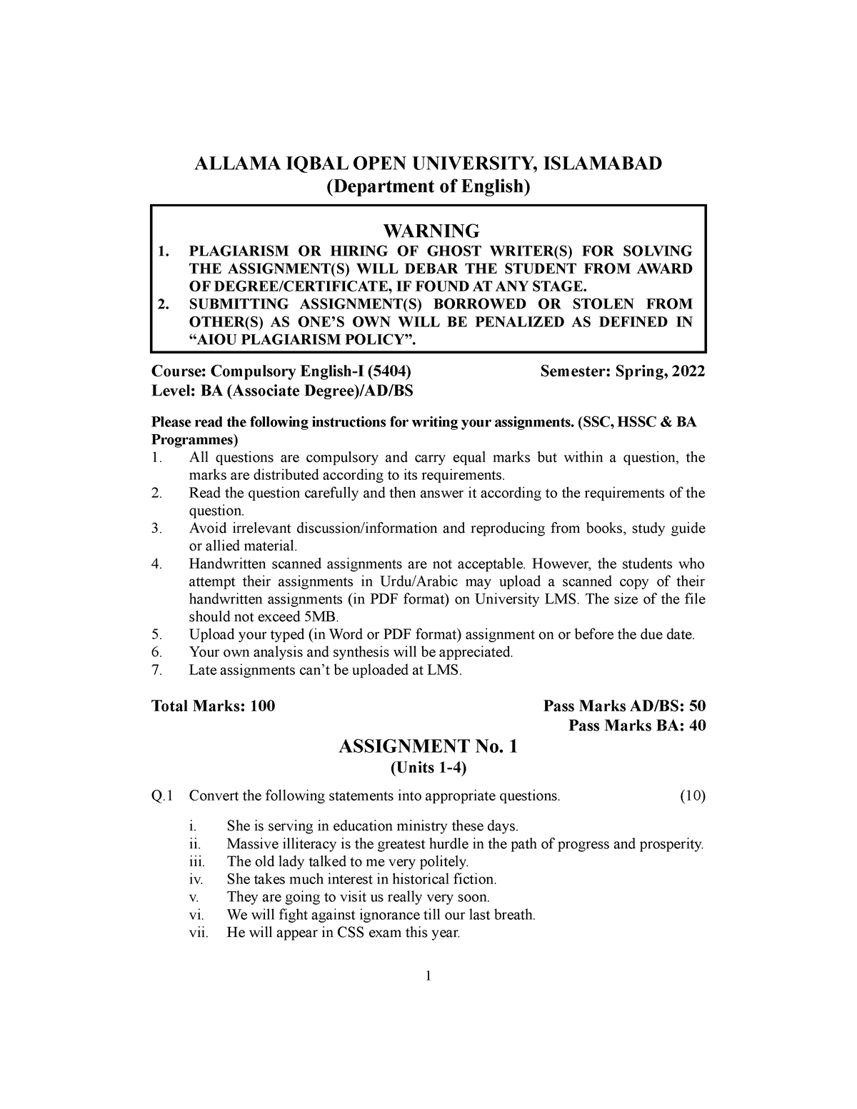 allama iqbal open university assignment marks form