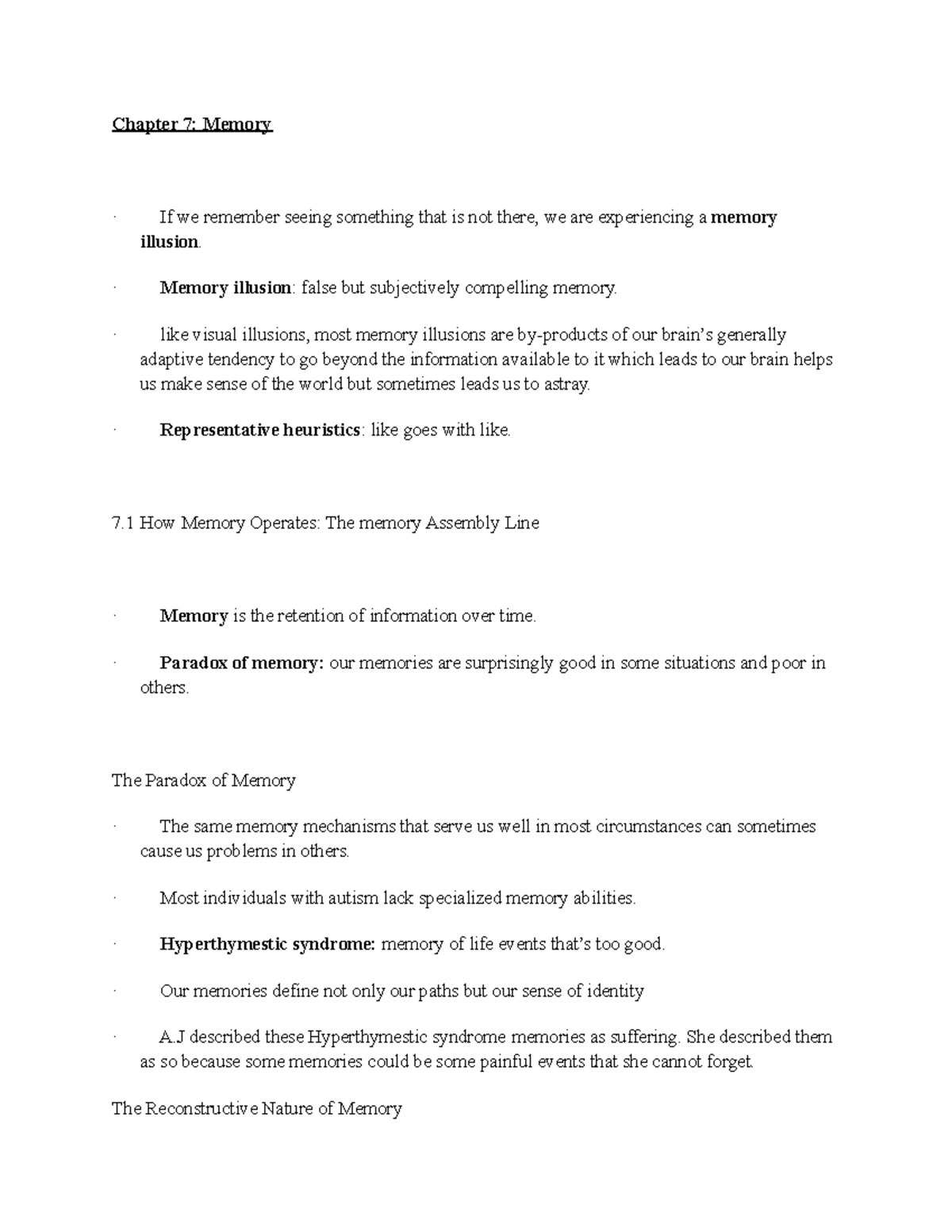 Chapter 7: Memory - Notes - Chapter 7: Memory · If we remember seeing ...