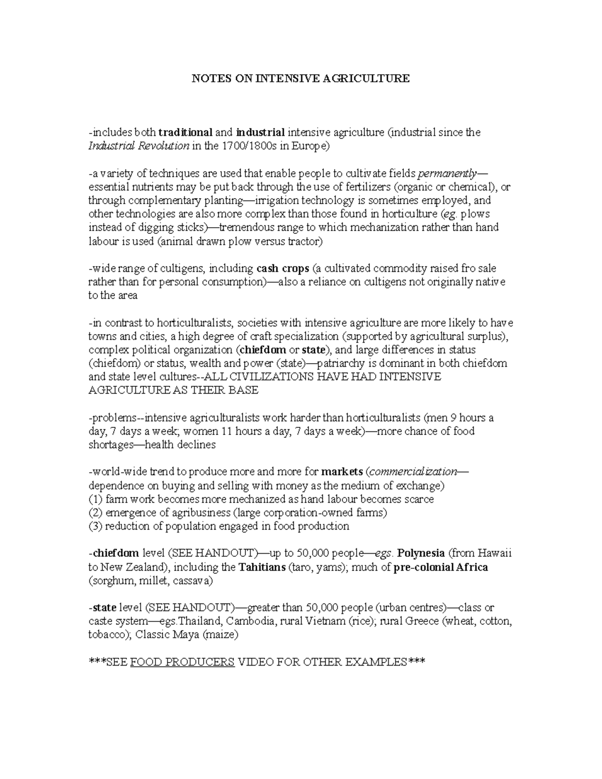 Notes ON Intensive Agriculture NOTES ON INTENSIVE AGRICULTURE