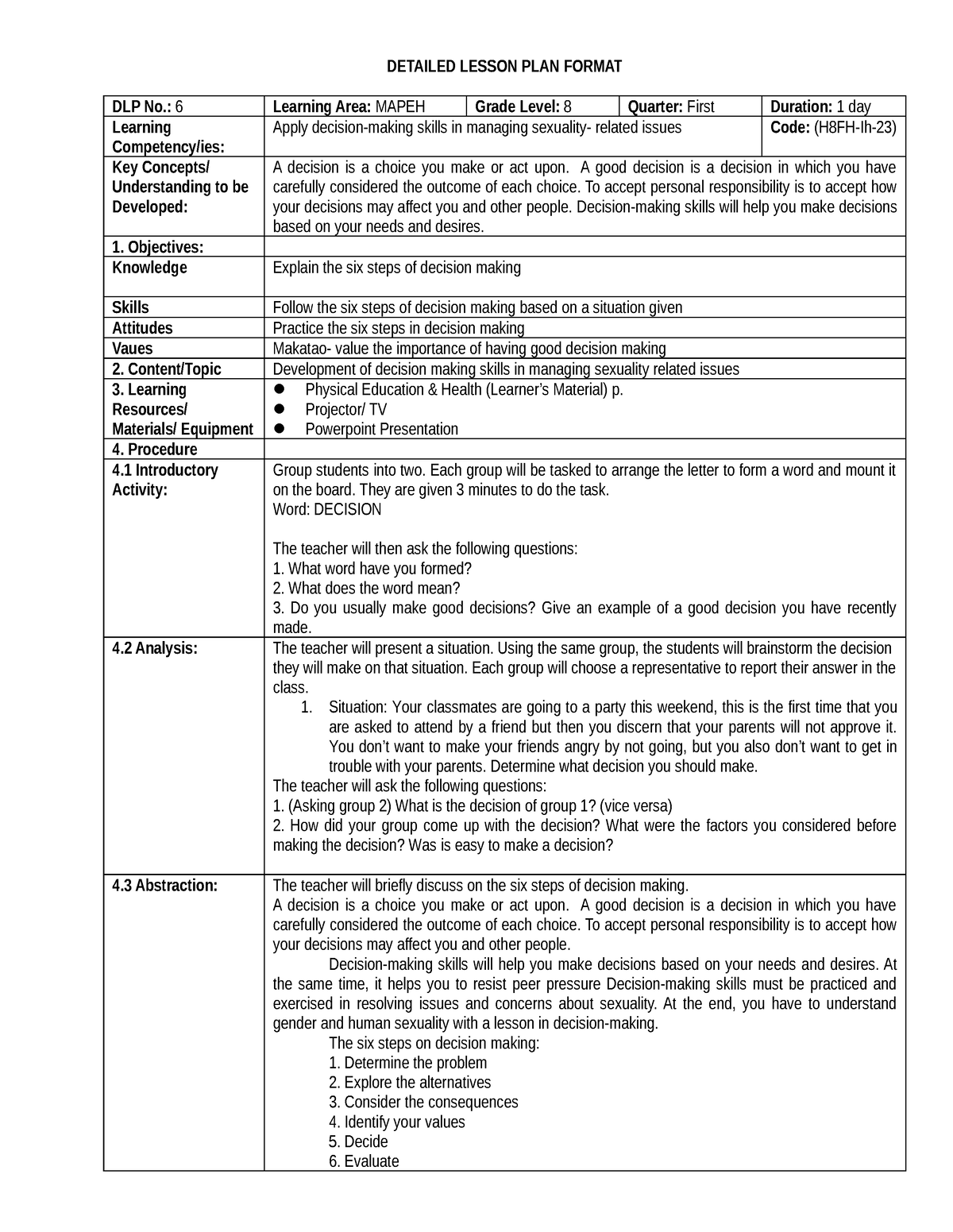 6 H8FH-Ih-23 - lesson plan for mapeh - DETAILED LESSON PLAN FORMAT DLP ...