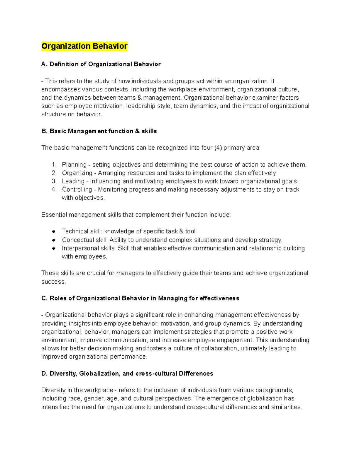 HBO finals - Midterm and Final Focus Notes - Organization Behavior A ...