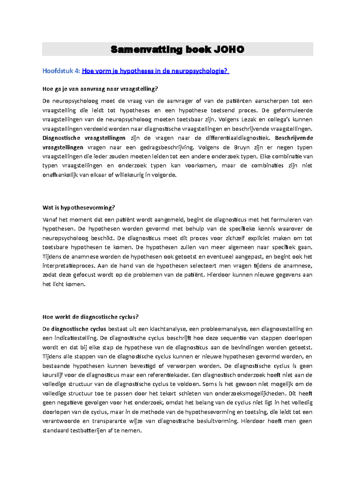 Samenvatting Neuro Samenvatting Boek Joho Hoofdstuk Hoe Vorm Je Hypotheses In De Studeersnel