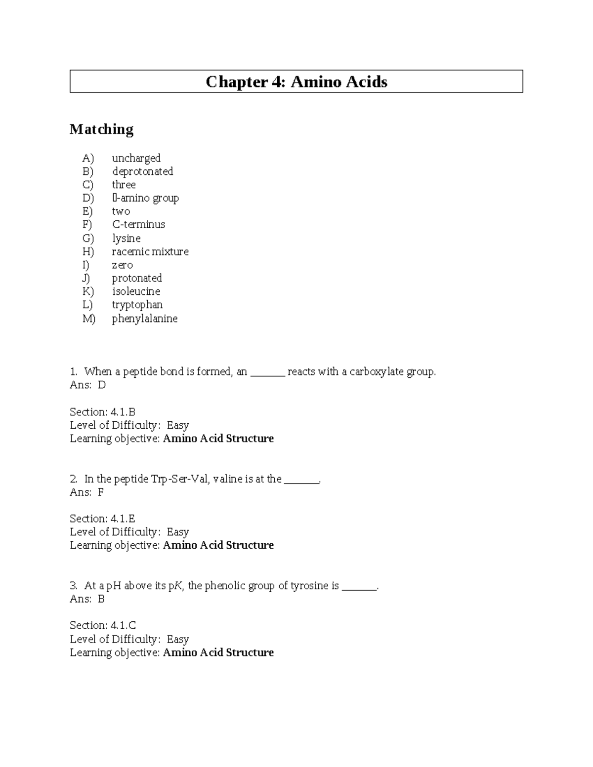 Compiled Test Banks For Biochemistry - Chapter 4: Amino Acids Matching ...