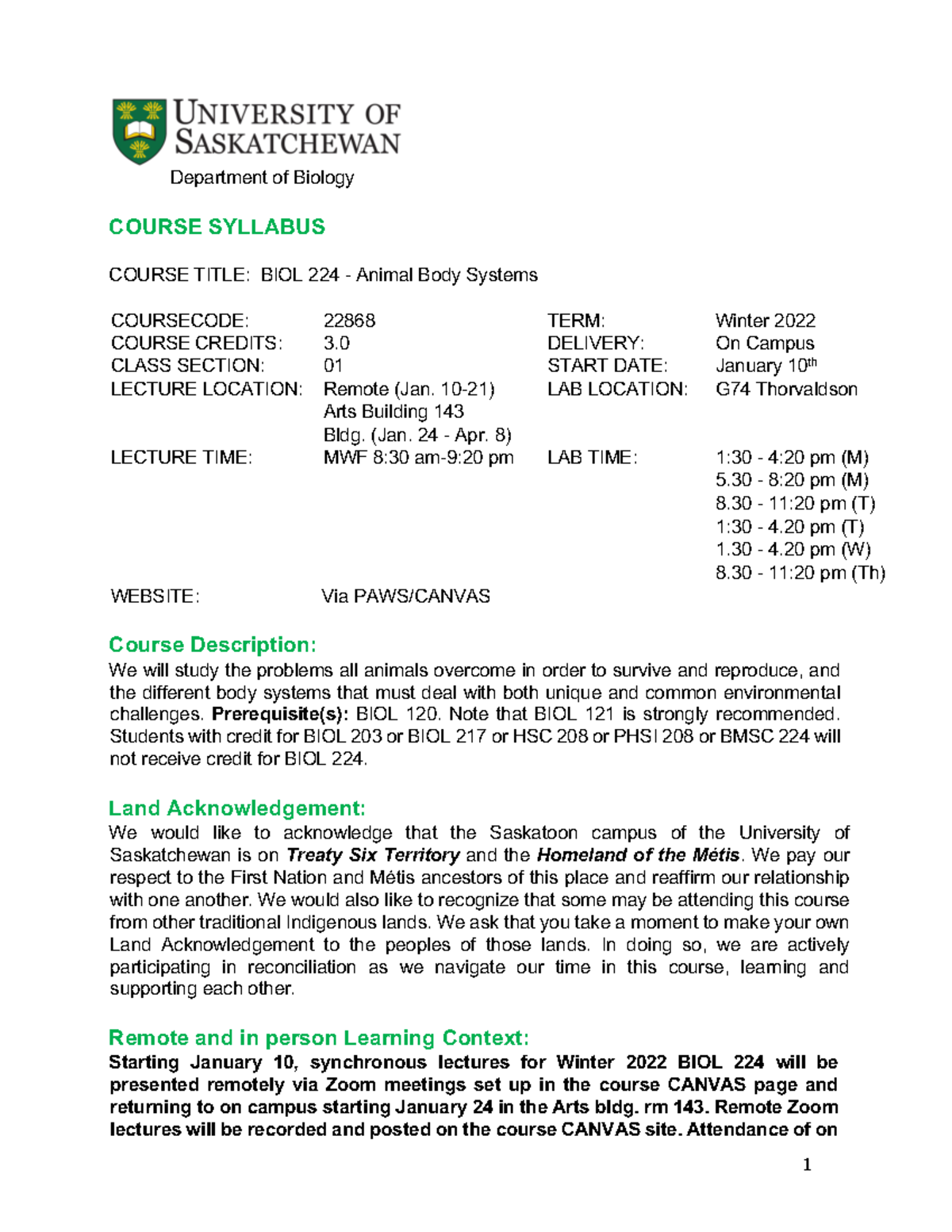 BIOL 224 Syllabus Winter 2022 Revised - Department Of Biology COURSE ...